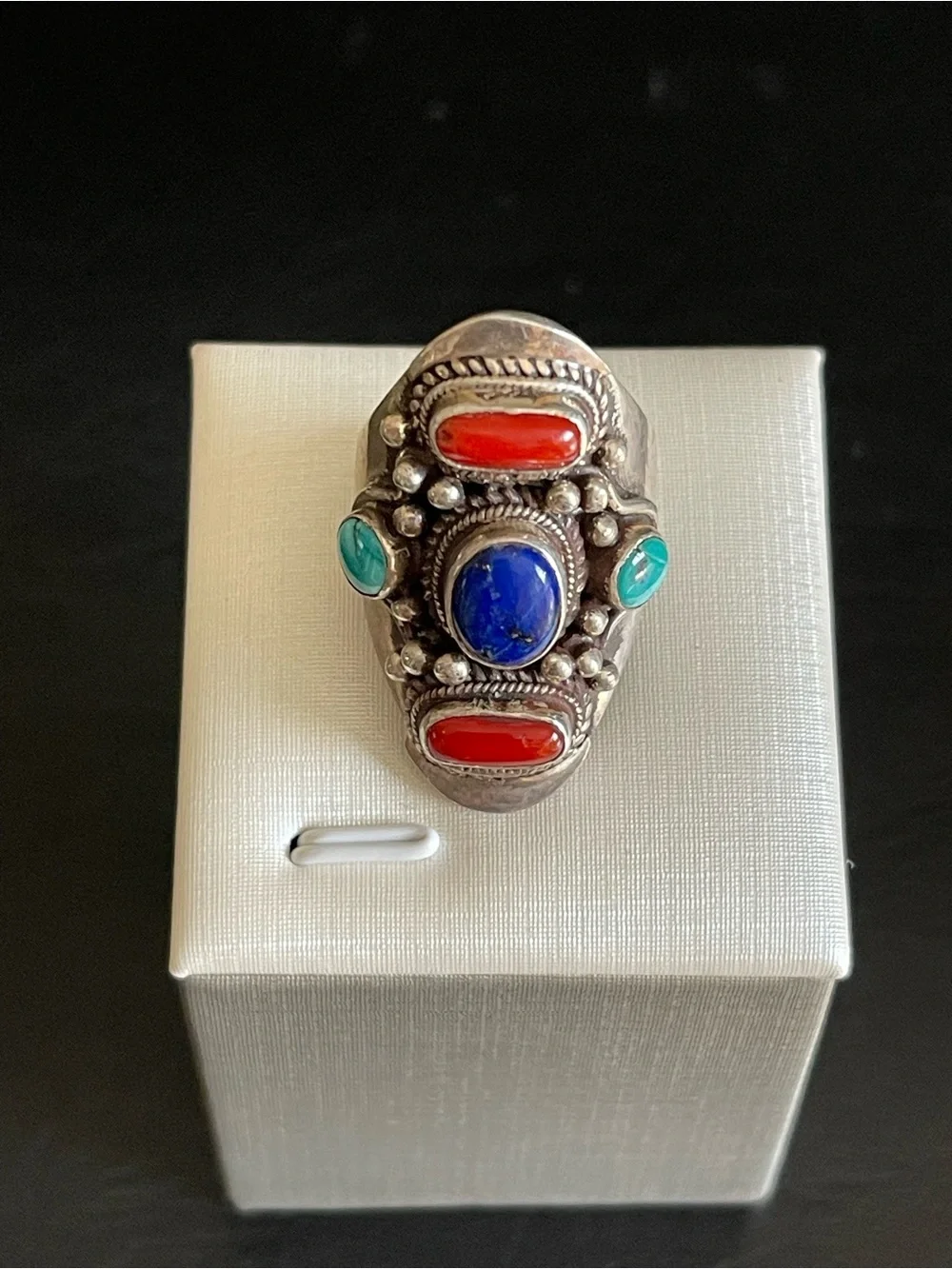 Vintage 925 Sterling genuine lapis turquoise,red coral Statement Ring.